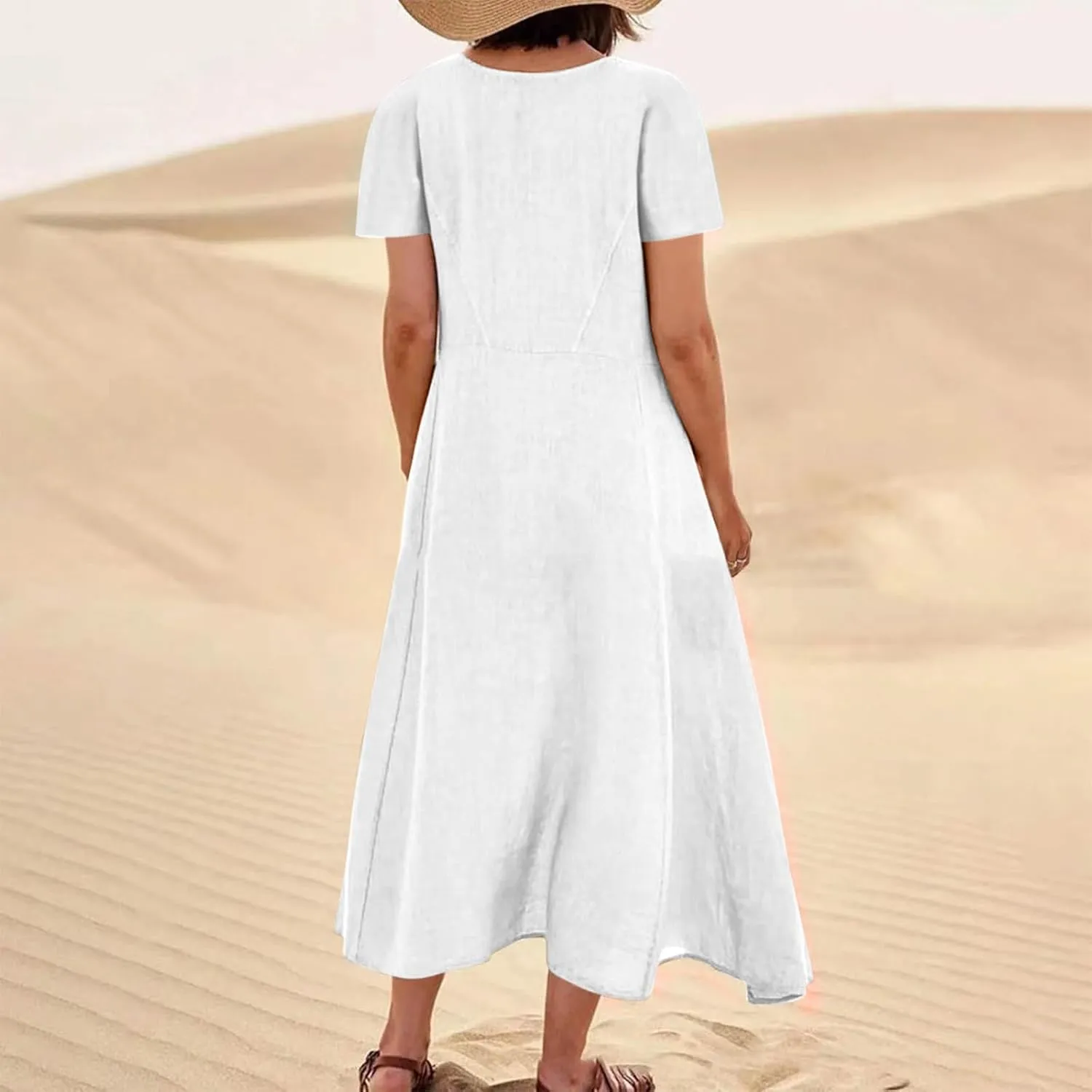 Summer Dresses for Women 2025 Vacation Trendy Short Sleeve Scoop Neck Cotton Linen Dress Loose Flowy Beach Sundress