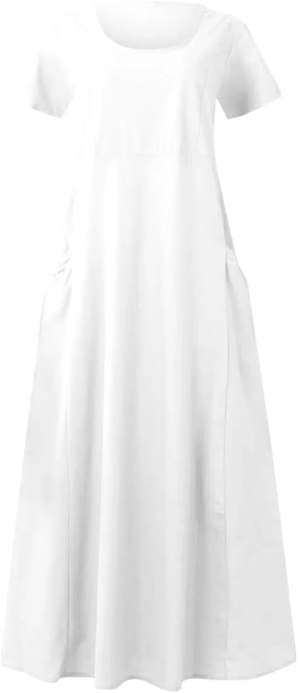 Summer Dresses for Women 2025 Vacation Trendy Short Sleeve Scoop Neck Cotton Linen Dress Loose Flowy Beach Sundress