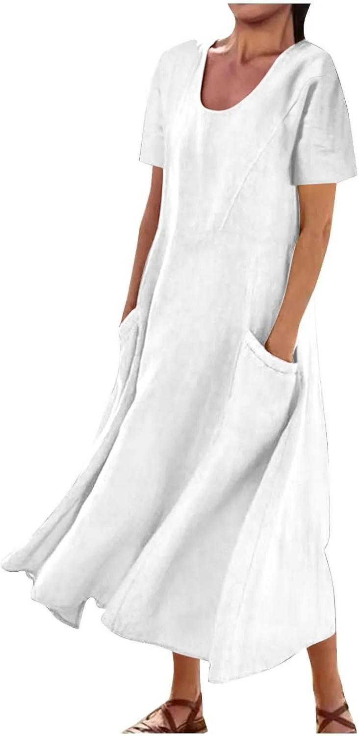 Summer Dresses for Women 2025 Vacation Trendy Short Sleeve Scoop Neck Cotton Linen Dress Loose Flowy Beach Sundress