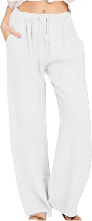 Summer Linen Pants for Women High Waisted Straight Leg Trousers Drawstring Elastic Loose Casual Boho Palazzo Pants