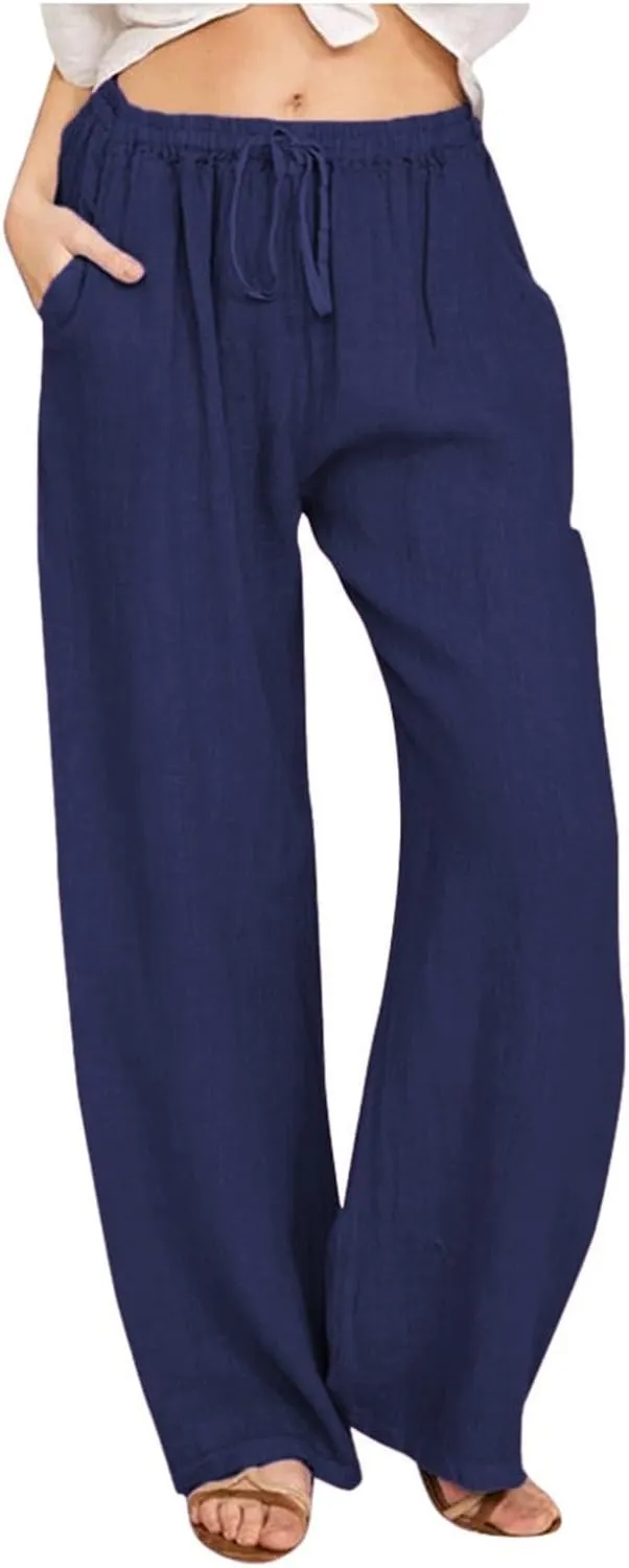 Summer Linen Pants Women Wide Leg Beach Pants Casual Drawstring High Waisted Work Pants with Pockets Flowy Palazzo Trousers