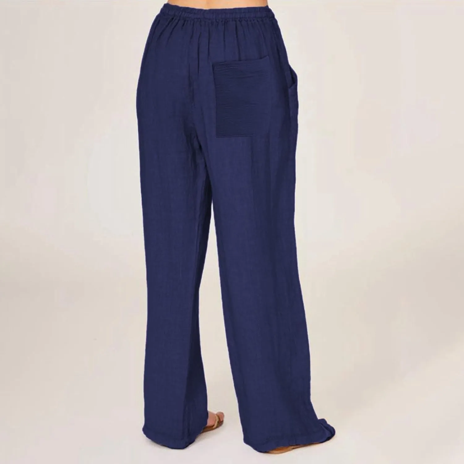 Summer Linen Pants Women Wide Leg Beach Pants Casual Drawstring High Waisted Work Pants with Pockets Flowy Palazzo Trousers