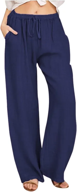 Summer Linen Pants Women Wide Leg Beach Pants Casual Drawstring High Waisted Work Pants with Pockets Flowy Palazzo Trousers