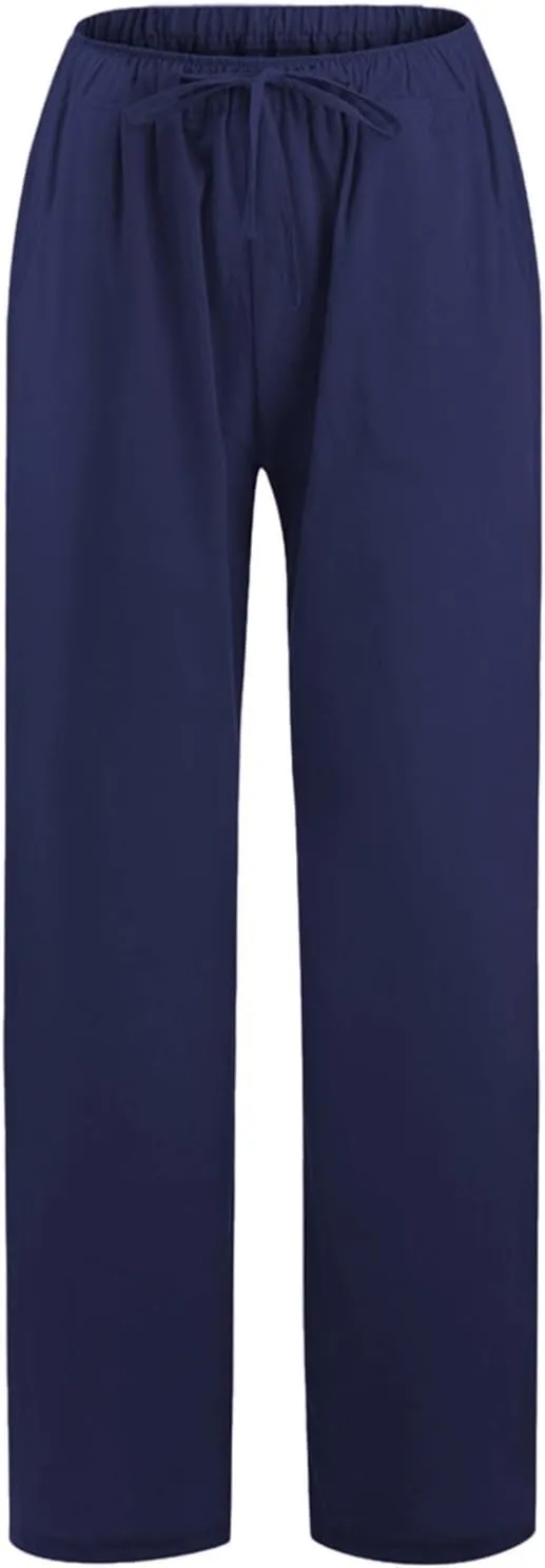 Summer Linen Pants Women Wide Leg Beach Pants Casual Drawstring High Waisted Work Pants with Pockets Flowy Palazzo Trousers