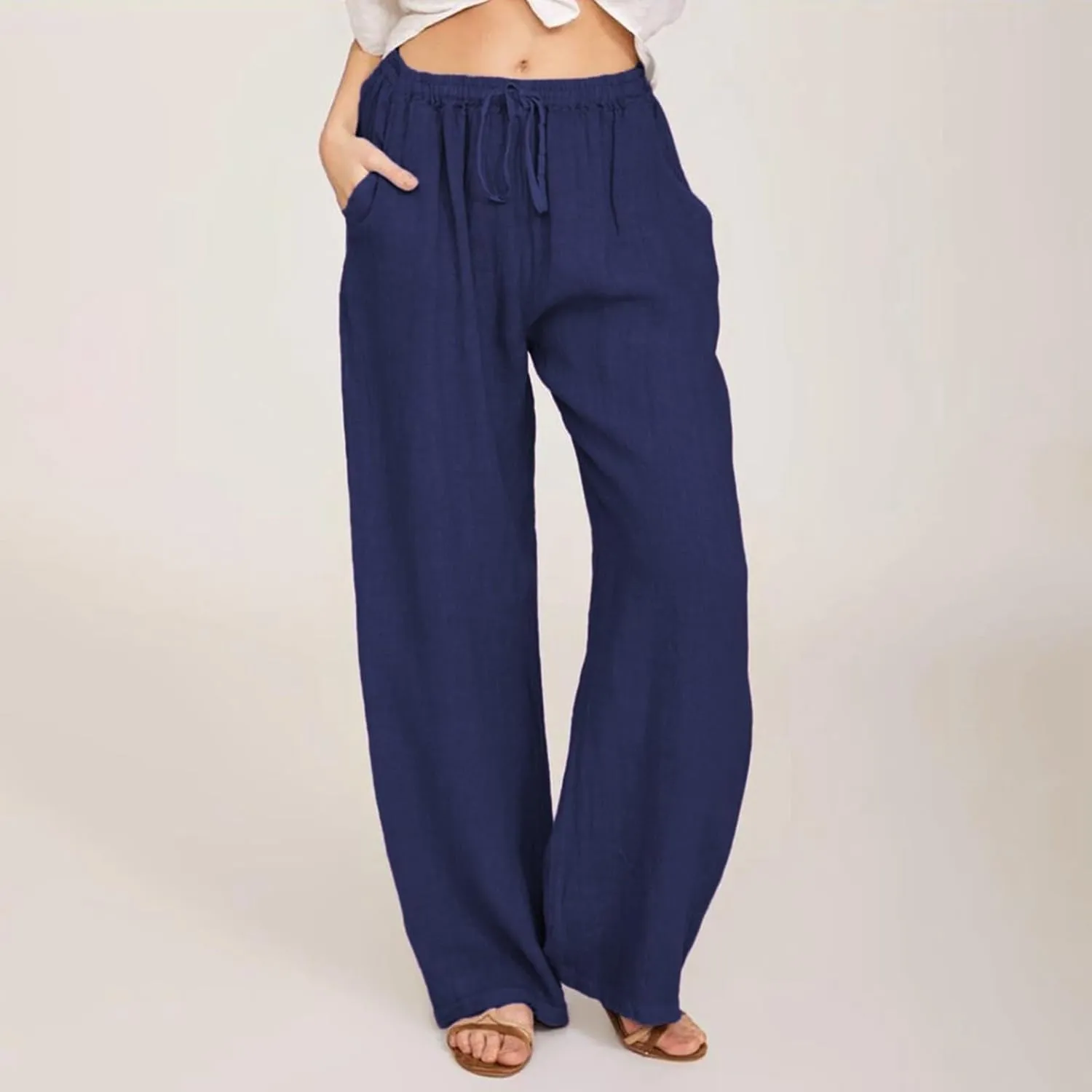 Summer Linen Pants Women Wide Leg Beach Pants Casual Drawstring High Waisted Work Pants with Pockets Flowy Palazzo Trousers