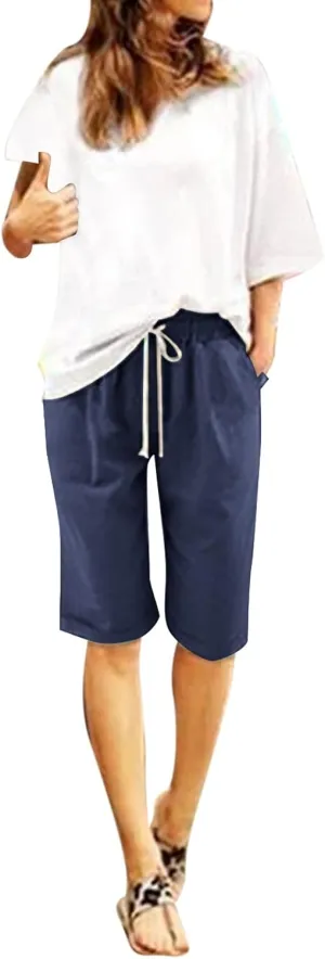 Summer Shorts for Women Cotton Linen Drawstring Lounge Capri Pants High Waist Loose Fit Trousers with Pockets