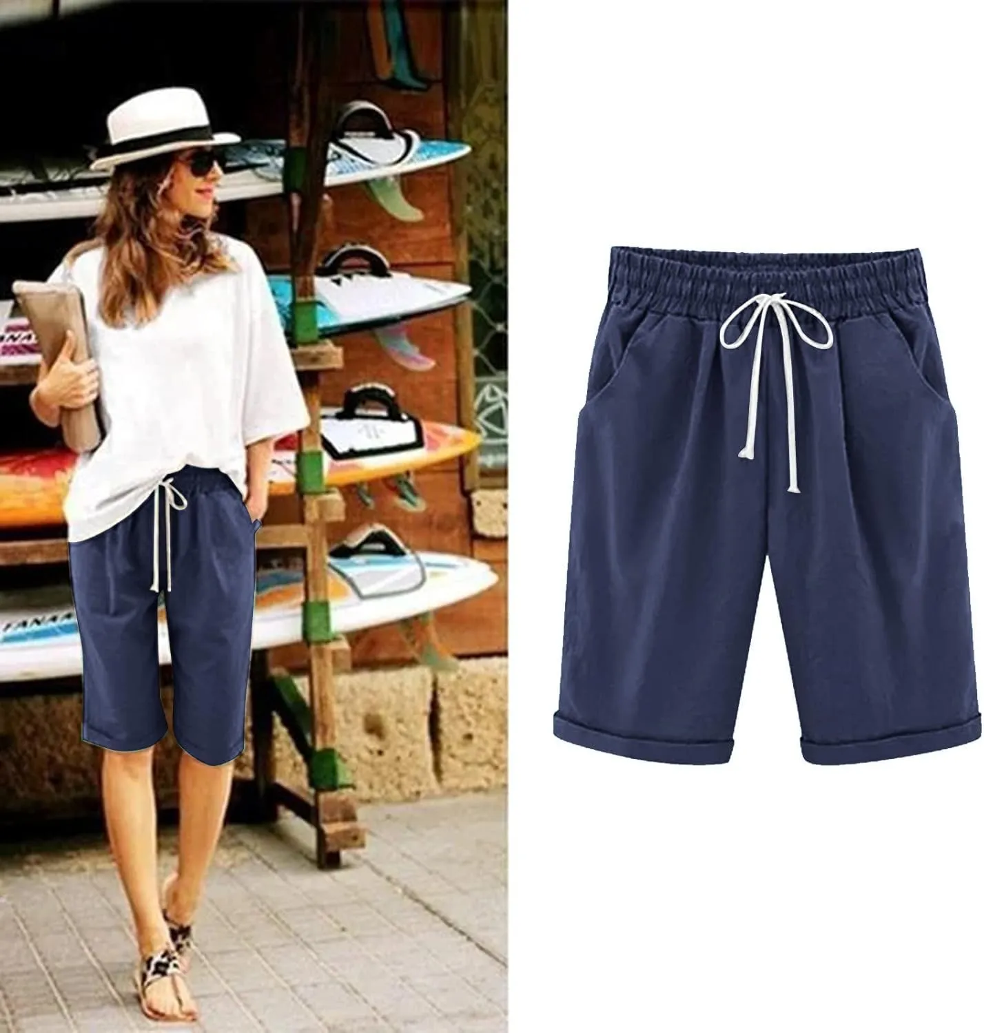 Summer Shorts for Women Cotton Linen Drawstring Lounge Capri Pants High Waist Loose Fit Trousers with Pockets