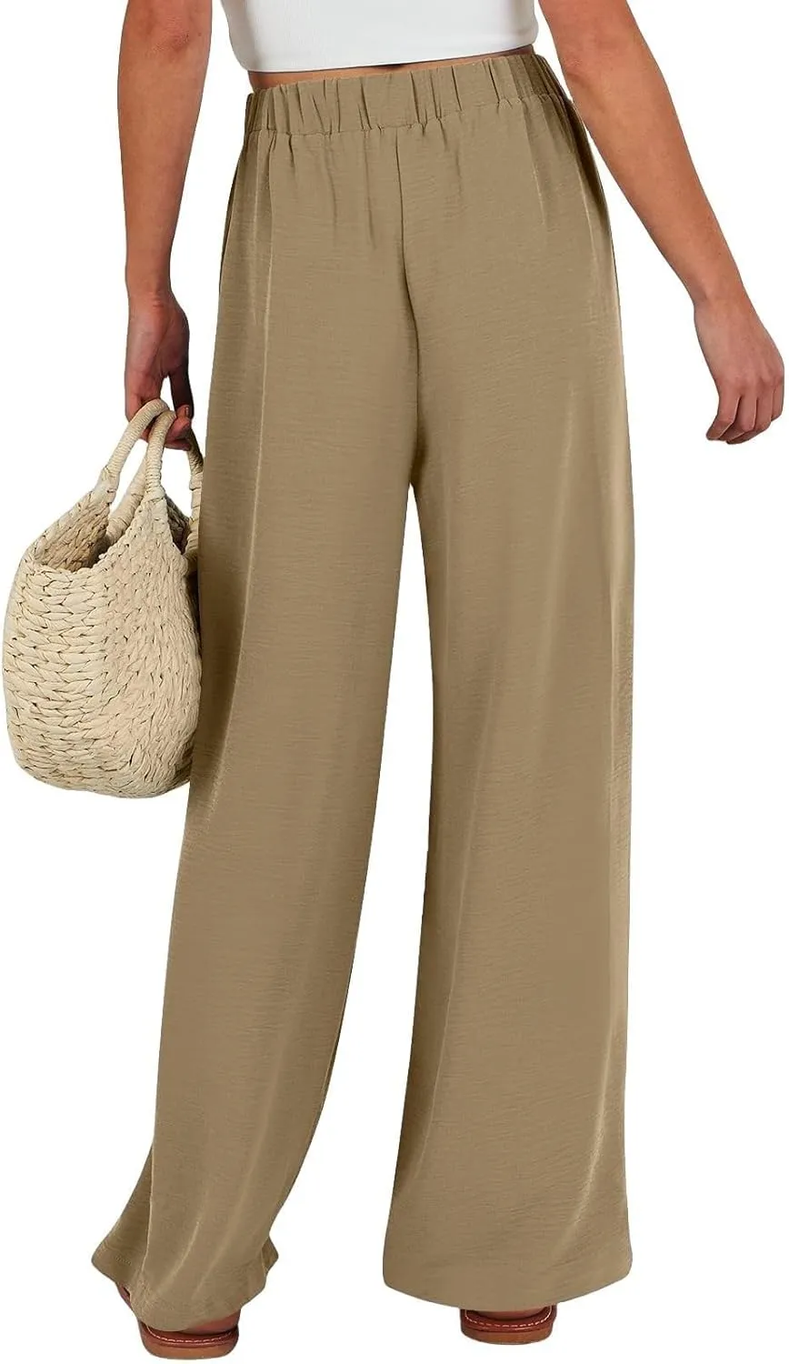 Summer Wide Leg Linen Pants for Women with Pockets High Waisted Tie Knot Beach Palazzo Pants Casual Lounge Trousers