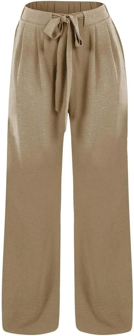Summer Wide Leg Linen Pants for Women with Pockets High Waisted Tie Knot Beach Palazzo Pants Casual Lounge Trousers