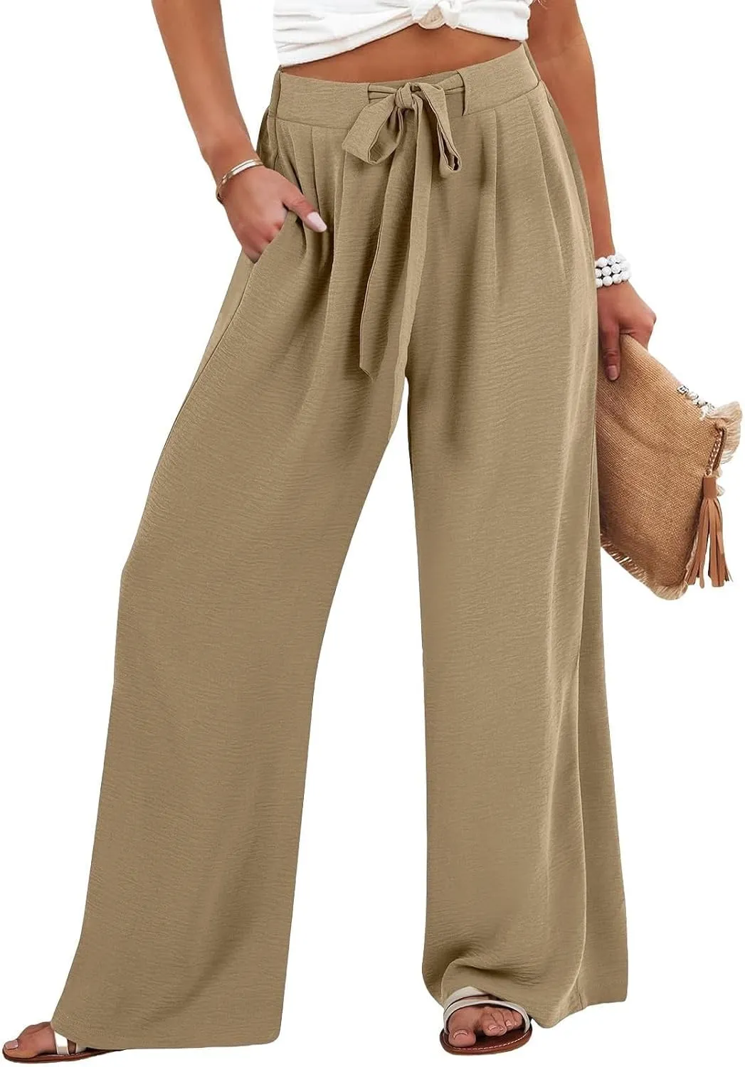 Summer Wide Leg Linen Pants for Women with Pockets High Waisted Tie Knot Beach Palazzo Pants Casual Lounge Trousers