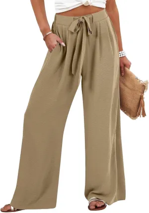 Summer Wide Leg Linen Pants for Women with Pockets High Waisted Tie Knot Beach Palazzo Pants Casual Lounge Trousers