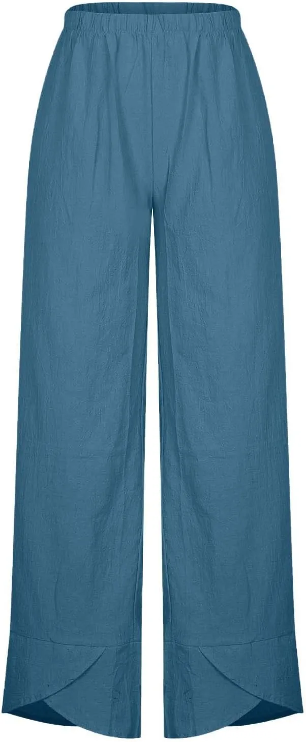 Summer Womens Cotton Linen Pants Plus Size Wide Leg Capri Pants 2025 Lightweight High Waisted Beach Trousers Pockets