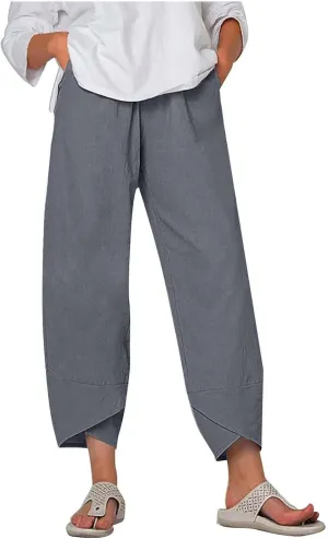 Summer Womens Cotton Linen Pants Plus Size Wide Leg Capri Pants 2025 Lightweight High Waisted Beach Trousers Pockets