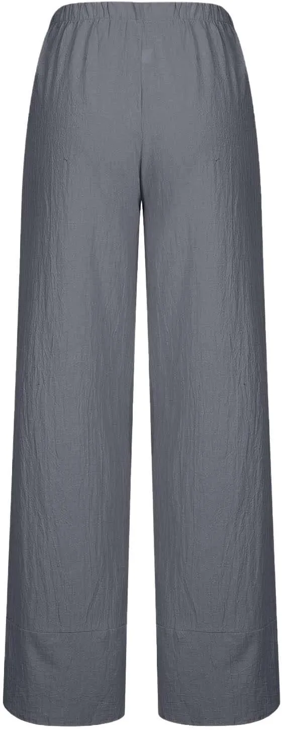 Summer Womens Cotton Linen Pants Plus Size Wide Leg Capri Pants 2025 Lightweight High Waisted Beach Trousers Pockets