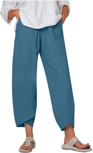 Summer Womens Cotton Linen Pants Plus Size Wide Leg Capri Pants 2025 Lightweight High Waisted Beach Trousers Pockets