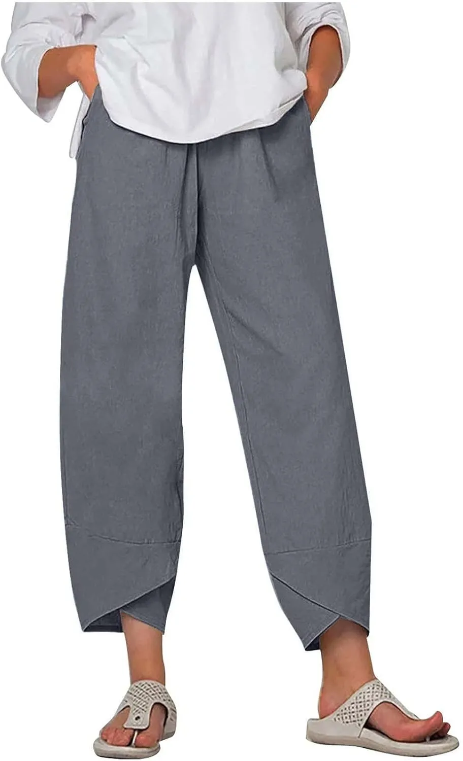 Summer Womens Cotton Linen Pants Plus Size Wide Leg Capri Pants 2025 Lightweight High Waisted Beach Trousers Pockets