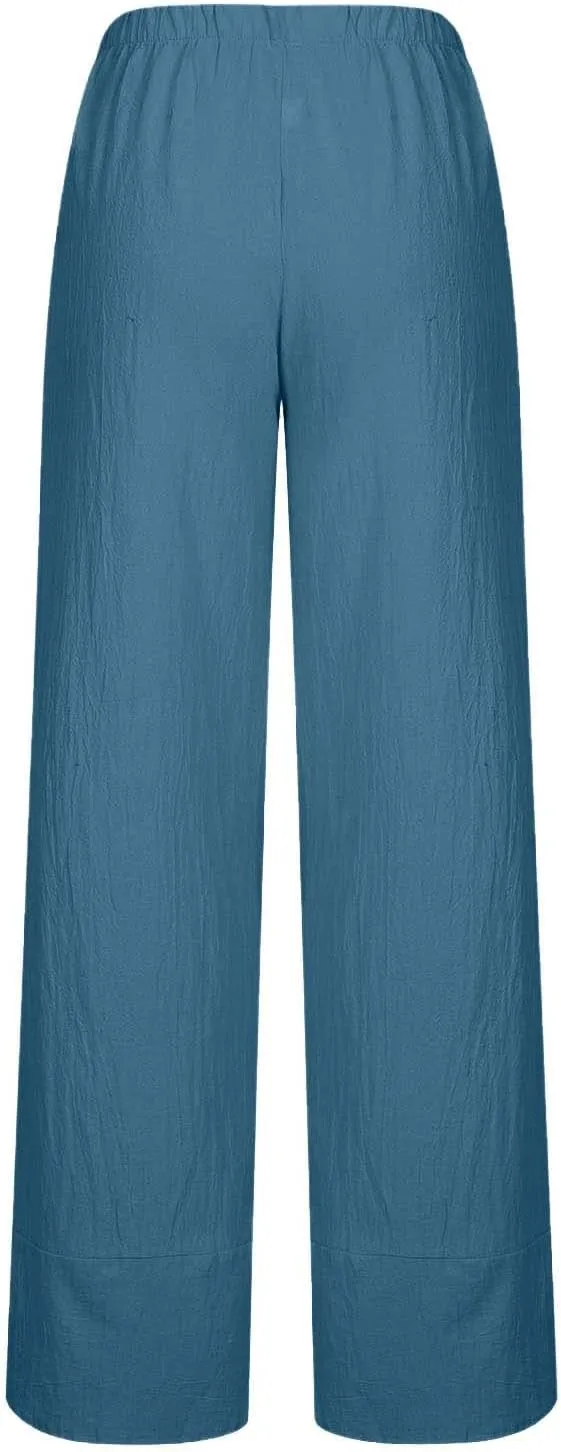 Summer Womens Cotton Linen Pants Plus Size Wide Leg Capri Pants 2025 Lightweight High Waisted Beach Trousers Pockets