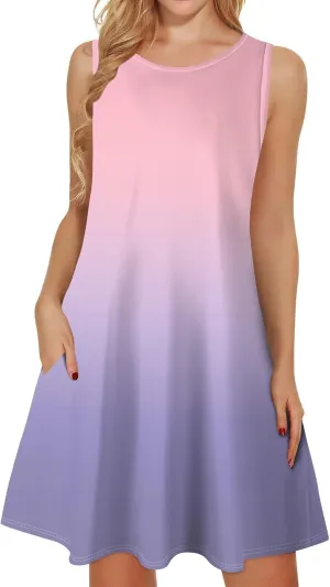 Sundresses for Women 2025 Summer Vacation Beach Dresses Elegant Crew Neck Sleeveless Midi Dress with Pockets