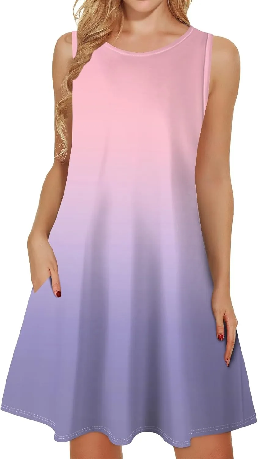 Sundresses for Women 2025 Summer Vacation Beach Dresses Elegant Crew Neck Sleeveless Midi Dress with Pockets
