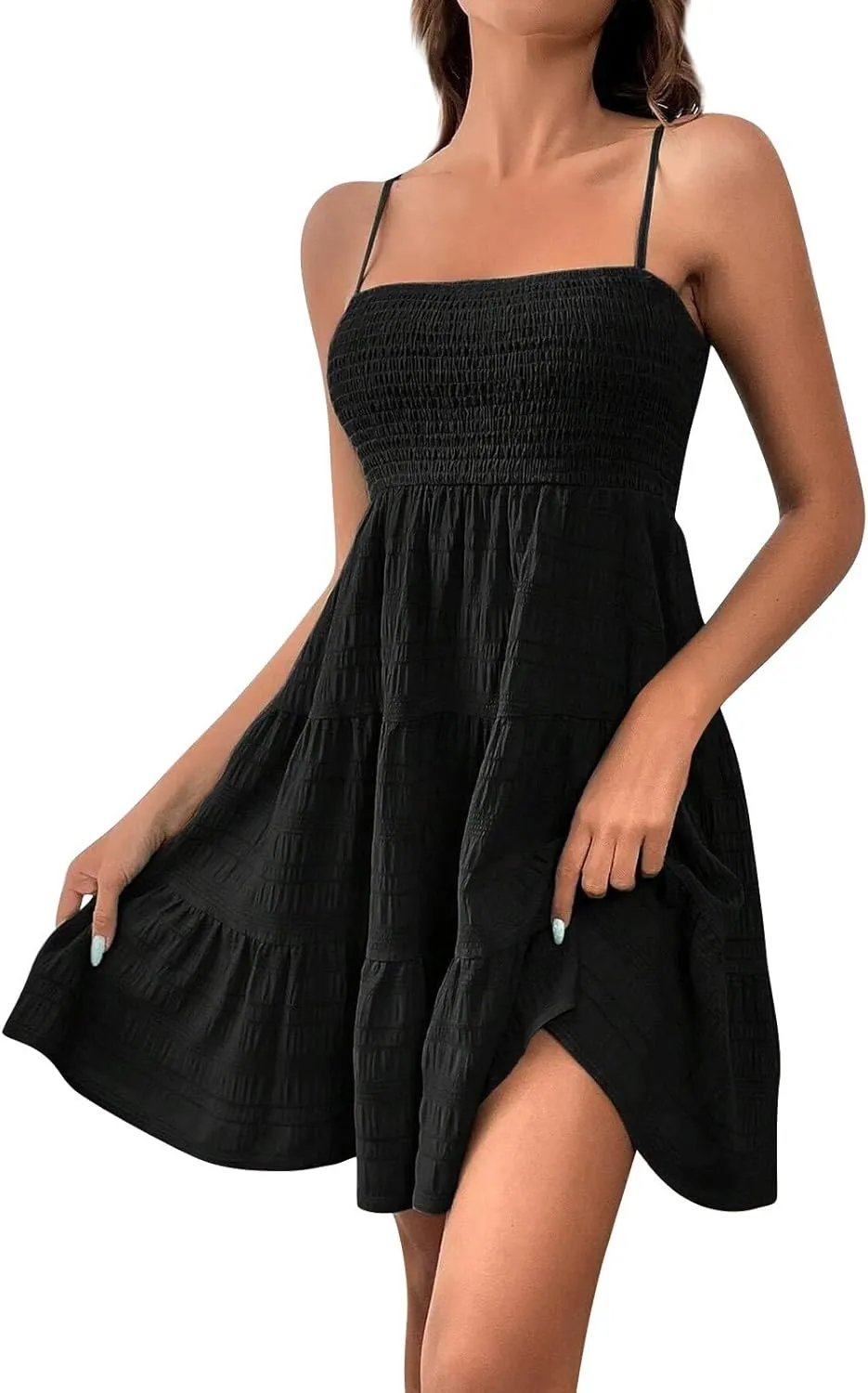 Sundresses for Women Smocked Spaghetti Strap Square Neck Mini Babydoll Dress Casual Summer Flowy Tiered Ruffle Dress