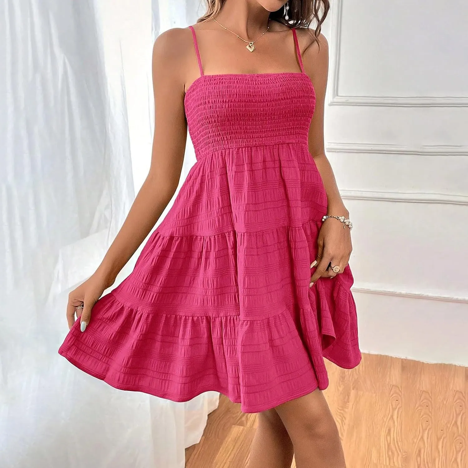 Sundresses for Women Smocked Spaghetti Strap Square Neck Mini Babydoll Dress Casual Summer Flowy Tiered Ruffle Dress