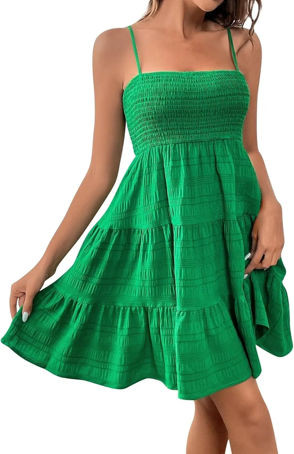 Sundresses for Women Smocked Spaghetti Strap Square Neck Mini Babydoll Dress Casual Summer Flowy Tiered Ruffle Dress