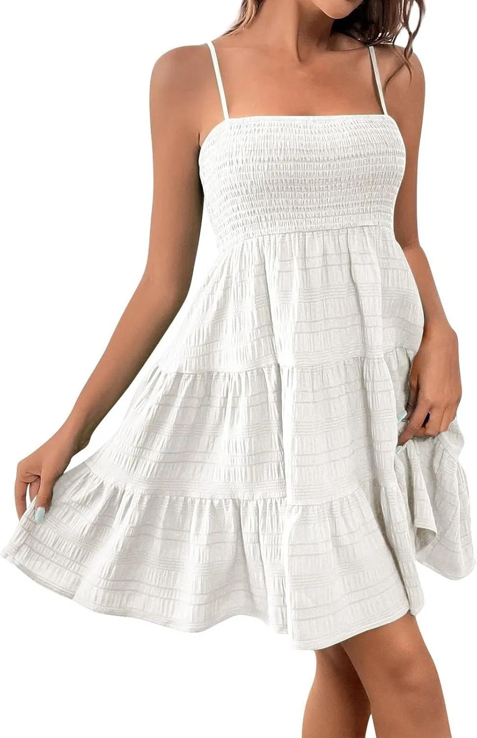 Sundresses for Women Smocked Spaghetti Strap Square Neck Mini Babydoll Dress Casual Summer Flowy Tiered Ruffle Dress
