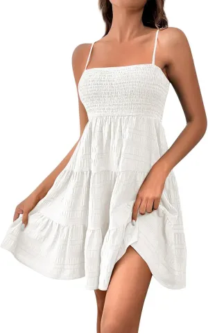 Sundresses for Women Smocked Spaghetti Strap Square Neck Mini Babydoll Dress Casual Summer Flowy Tiered Ruffle Dress