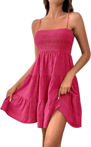 Sundresses for Women Smocked Spaghetti Strap Square Neck Mini Babydoll Dress Casual Summer Flowy Tiered Ruffle Dress