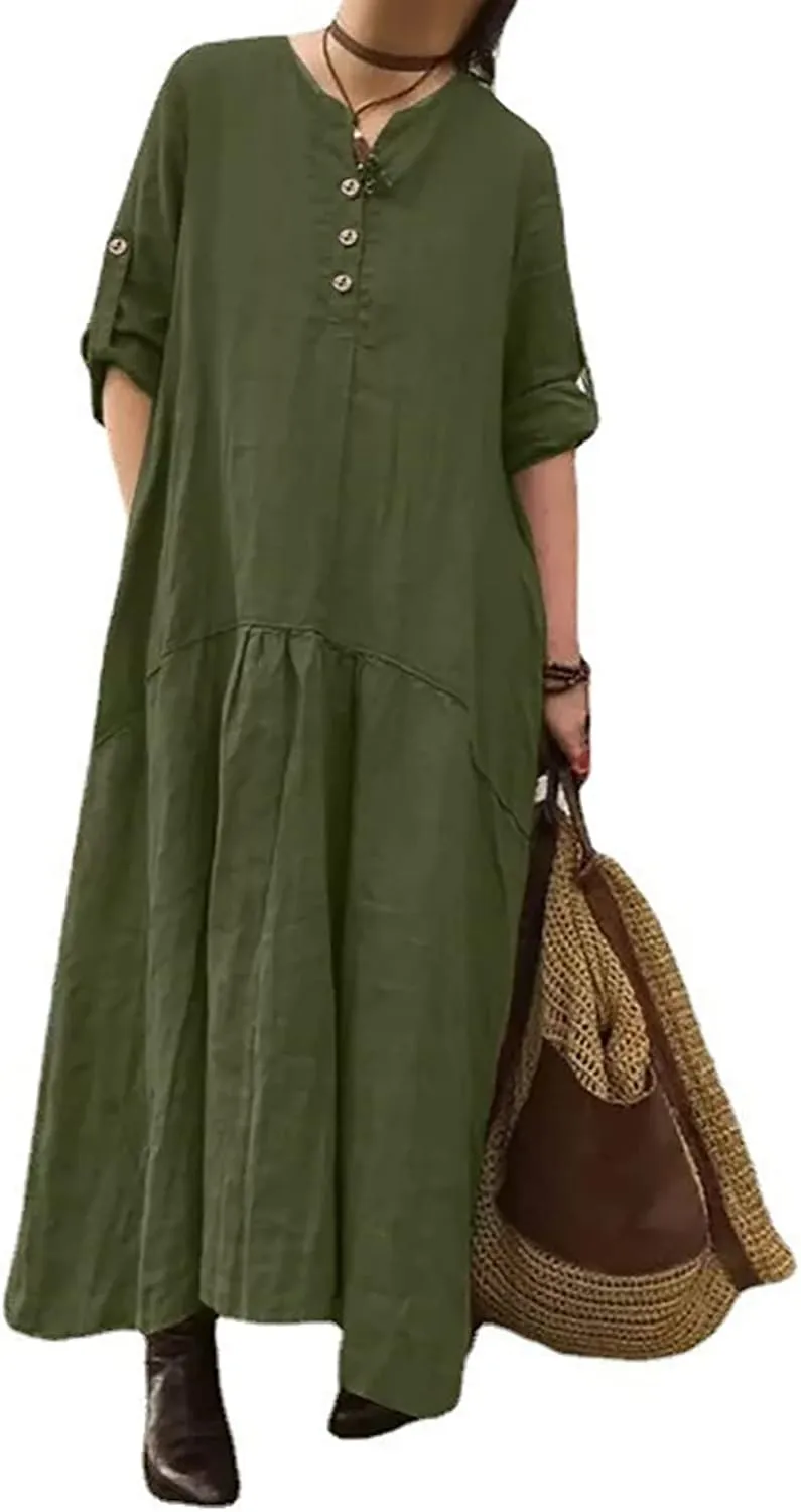 T Shirt Dresses for Women 2025 Summer V Neck Cotton Linen Dress Beach Half Sleeve Sundress Boho Maxi Dress