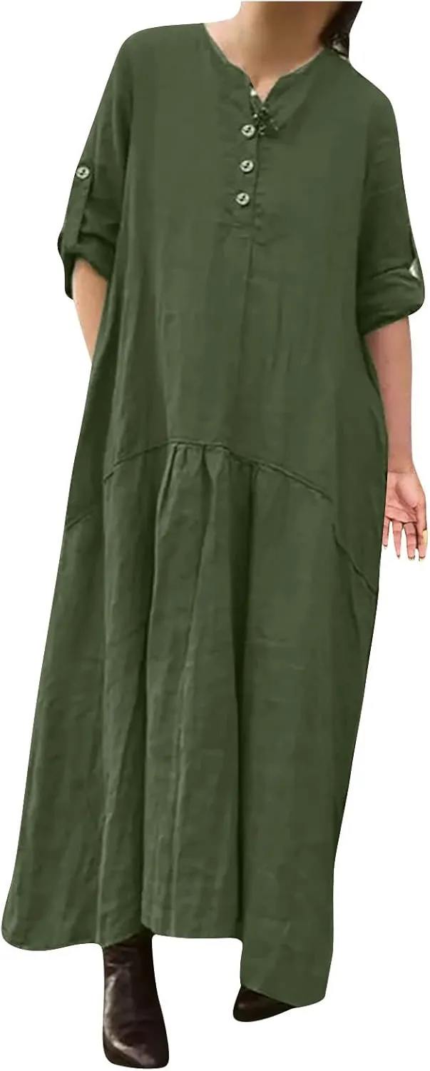 T Shirt Dresses for Women 2025 Summer V Neck Cotton Linen Dress Beach Half Sleeve Sundress Boho Maxi Dress