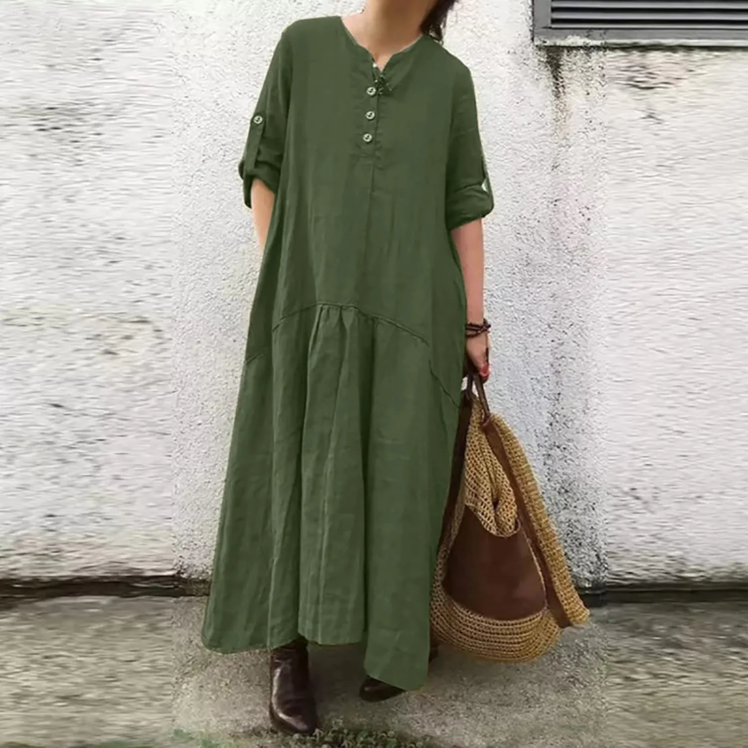T Shirt Dresses for Women 2025 Summer V Neck Cotton Linen Dress Beach Half Sleeve Sundress Boho Maxi Dress