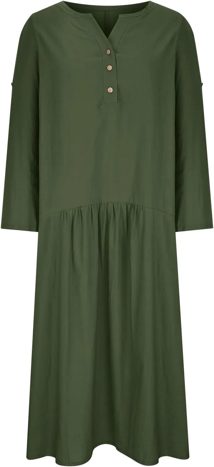 T Shirt Dresses for Women 2025 Summer V Neck Cotton Linen Dress Beach Half Sleeve Sundress Boho Maxi Dress