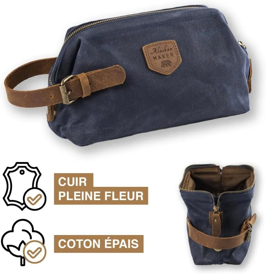Toiletry Bag - Travel K2 - Coated Cotton Canvas and Leather - Magnetic Smart Opening System
