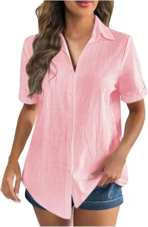 Tops for Women Trendy 2025 Fashion Summer Spring Short Sleeve Tee Shirts Casual Lapel Button Down Shirts Business