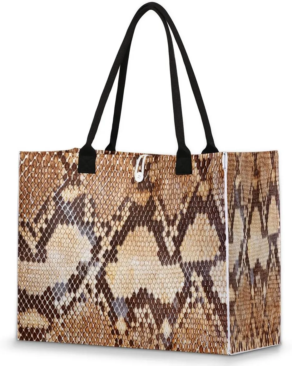 Tote Bag for Women Python Snake Skin Large Beach Bag Reusable Grocery Bags Tote Bag for Work Shopping Travel Beach