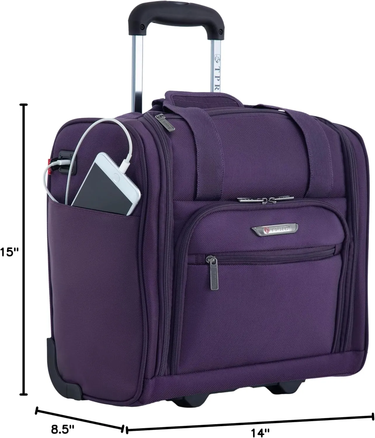 TPRC Smart Under Seat Carry-On Luggage with USB Charging Port, Purple, Underseater 15-Inch