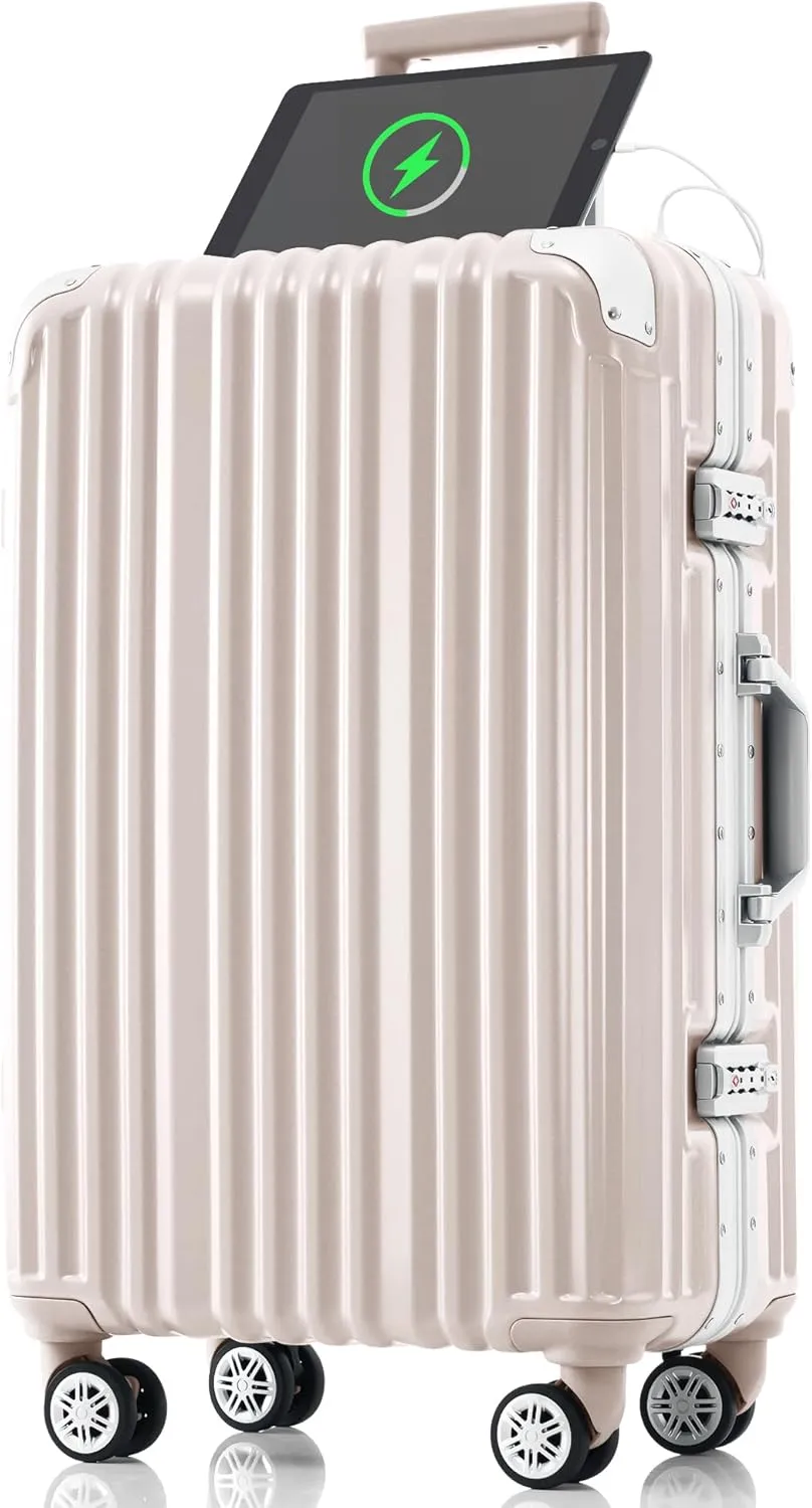 Travel Smart with 24in Aluminum Frame Suitcase, USB Port & Spinner Wheels, Short Business Trips, Pink