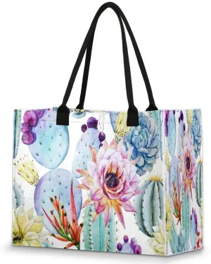 Tropical Flowers Cactus Tote Bag for Women Large Beach Bag Reusable Grocery Bags Tote Bag for Work Shopping Travel Beach
