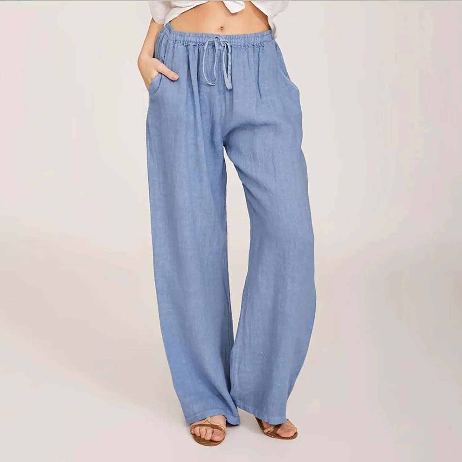 TUNUSKAT Womens Wide Leg Linen Pants Summer High Waist Cotton Palazzo Trousers Lounge Flowy Boho Slacks Beach Travel Outfits