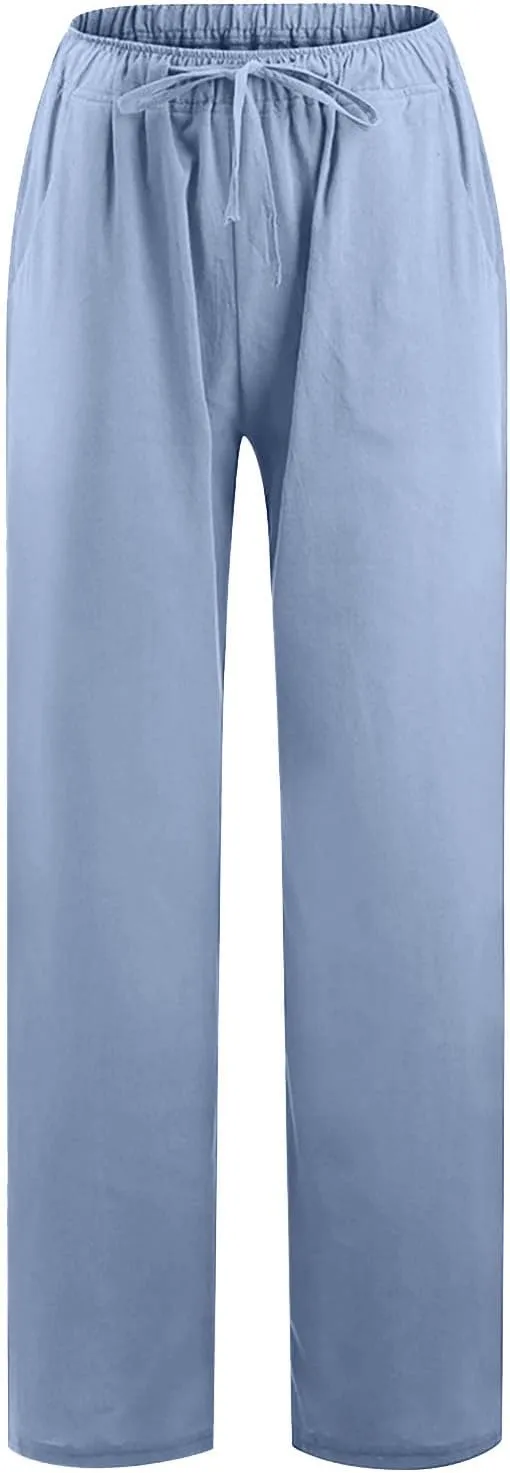 TUNUSKAT Womens Wide Leg Linen Pants Summer High Waist Cotton Palazzo Trousers Lounge Flowy Boho Slacks Beach Travel Outfits