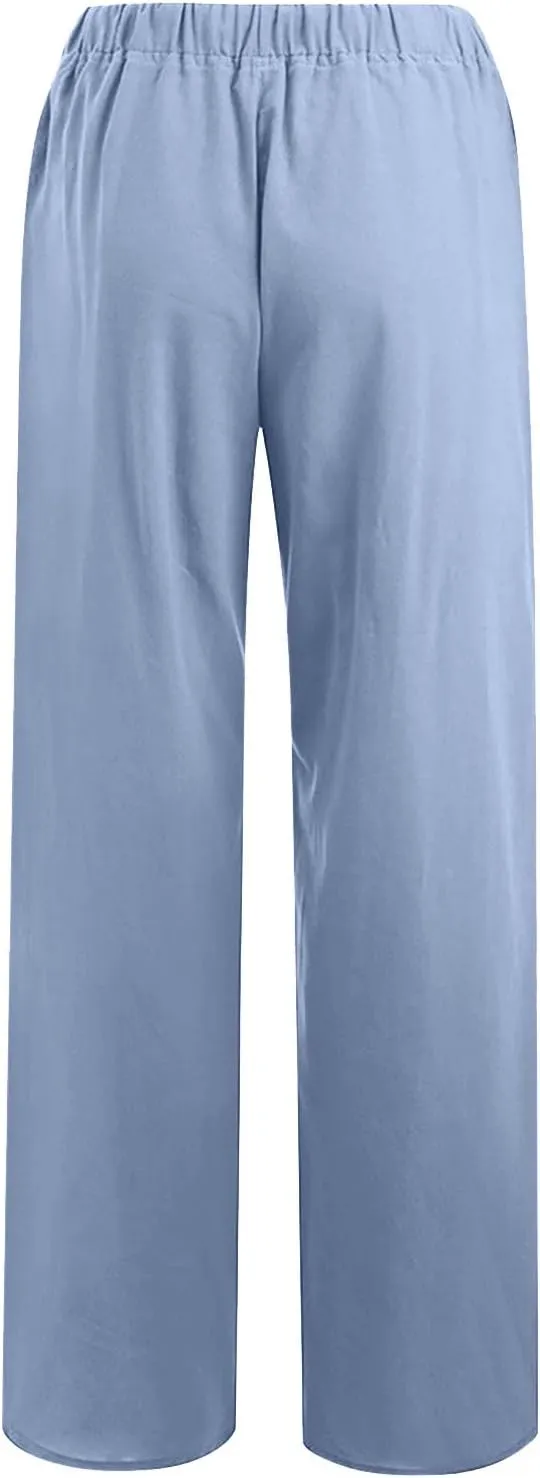 TUNUSKAT Womens Wide Leg Linen Pants Summer High Waist Cotton Palazzo Trousers Lounge Flowy Boho Slacks Beach Travel Outfits