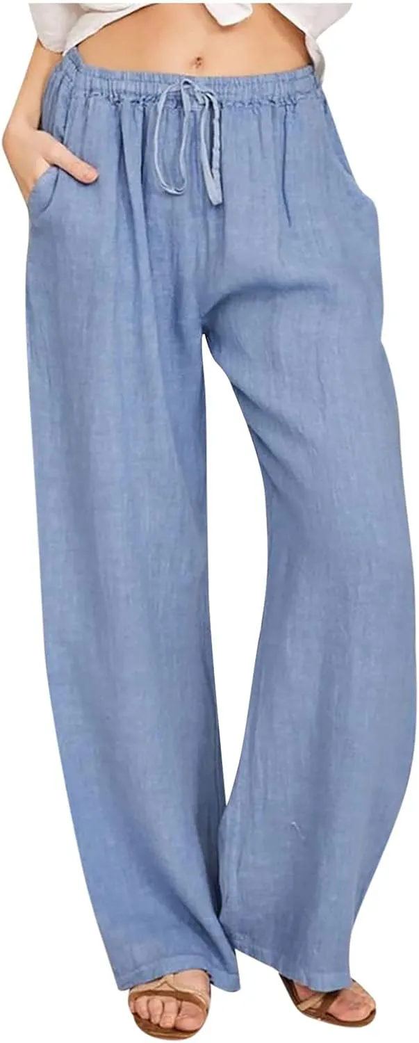 TUNUSKAT Womens Wide Leg Linen Pants Summer High Waist Cotton Palazzo Trousers Lounge Flowy Boho Slacks Beach Travel Outfits