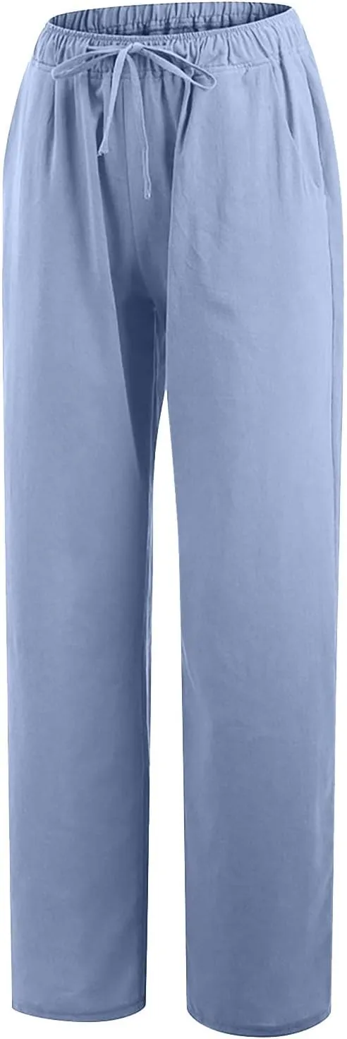 TUNUSKAT Womens Wide Leg Linen Pants Summer High Waist Cotton Palazzo Trousers Lounge Flowy Boho Slacks Beach Travel Outfits