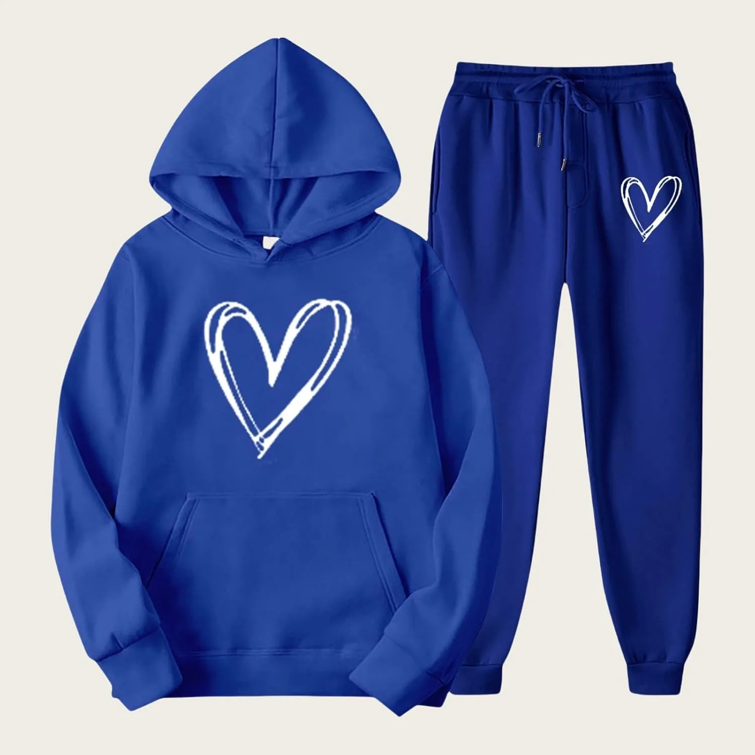 Two Piece Outfits for Women Oversized Heart Printed Pullover Hoodie Casual Sweatpants Tracksuits Lounge Sets