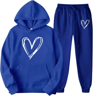 Two Piece Outfits for Women Oversized Heart Printed Pullover Hoodie Casual Sweatpants Tracksuits Lounge Sets