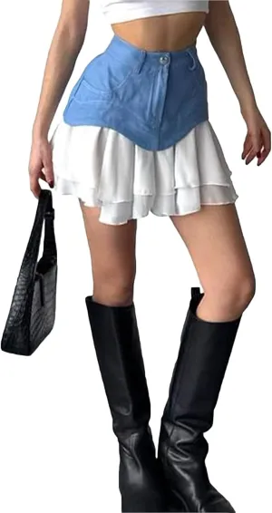 Unybwonn Pleated Denim Skirt Ruffle Flared Flowy Patchwork Jean Mini Skirt High Waist A-Line Y2k Short Skirt
