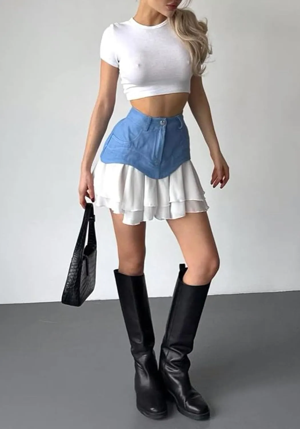 Unybwonn Pleated Denim Skirt Ruffle Flared Flowy Patchwork Jean Mini Skirt High Waist A-Line Y2k Short Skirt