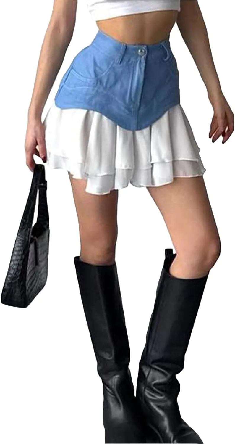Unybwonn Pleated Denim Skirt Ruffle Flared Flowy Patchwork Jean Mini Skirt High Waist A-Line Y2k Short Skirt