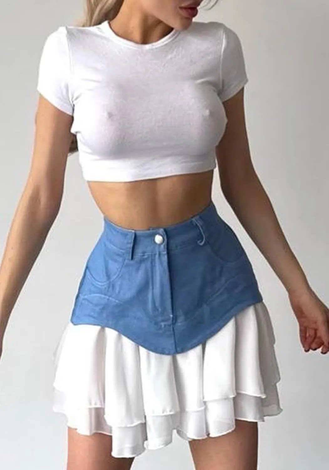 Unybwonn Pleated Denim Skirt Ruffle Flared Flowy Patchwork Jean Mini Skirt High Waist A-Line Y2k Short Skirt